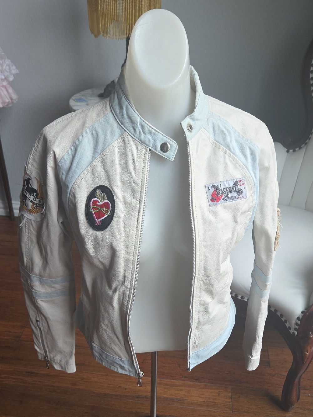 Wison Leather Distressed  Zip Jacket with Light Blue Accents.